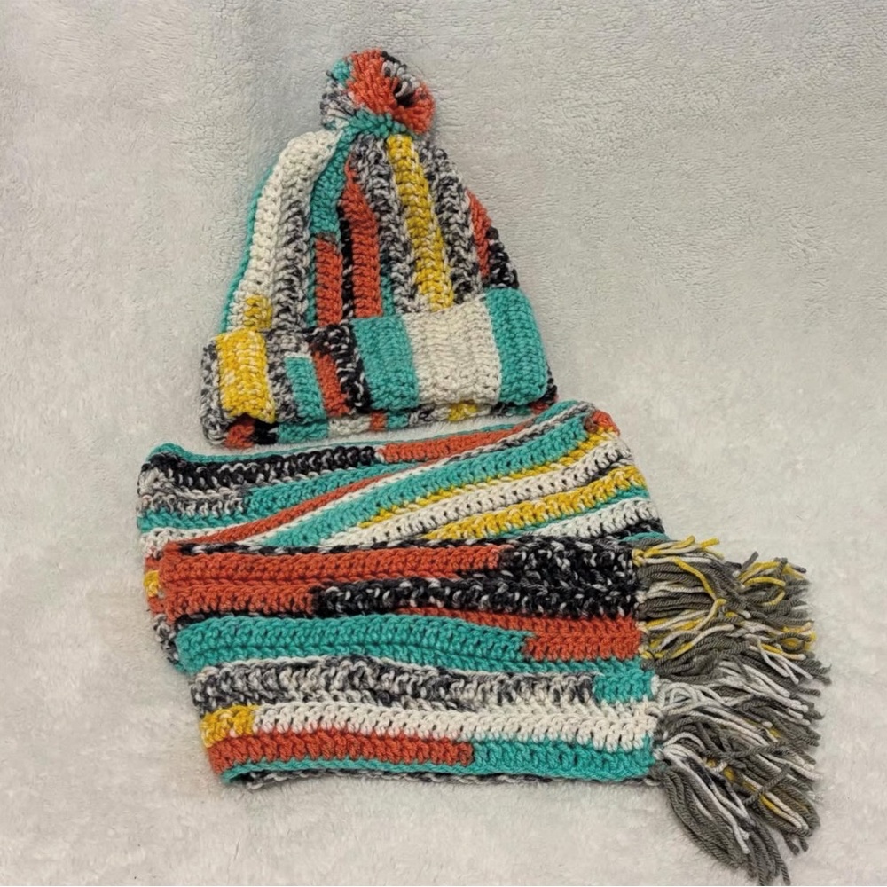 Colorful Striped Crochet Beanie and Scarf Set